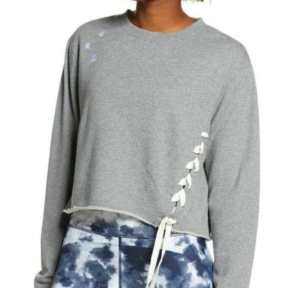 SoulCycle Cropped Lace Up Sweatshirt Pullover Embroidery Extra Small Grey Cozy